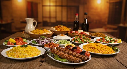 Middle Eastern Feast with Kebab and Rice Dishes