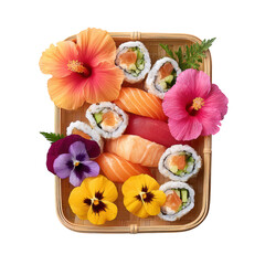 Assortment of Colorful Tropical Sushi Rolls Decorated with Edible Flowers on a Bamboo Plate