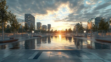 Modern Cityscape Sunset Reflection Urban Park Water Scenic 3d sky art hour view calm blue gray light
