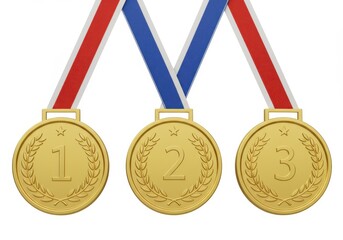 Three medals isolated on white background with ribbons