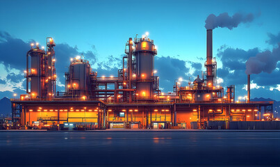 Illuminated factory at dusk with chimneys emitting smoke against a cloudy, blue sky and reflective wet ground