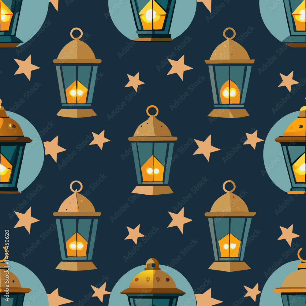 Poster seamless vector pattern of lanterns and stars on dark background