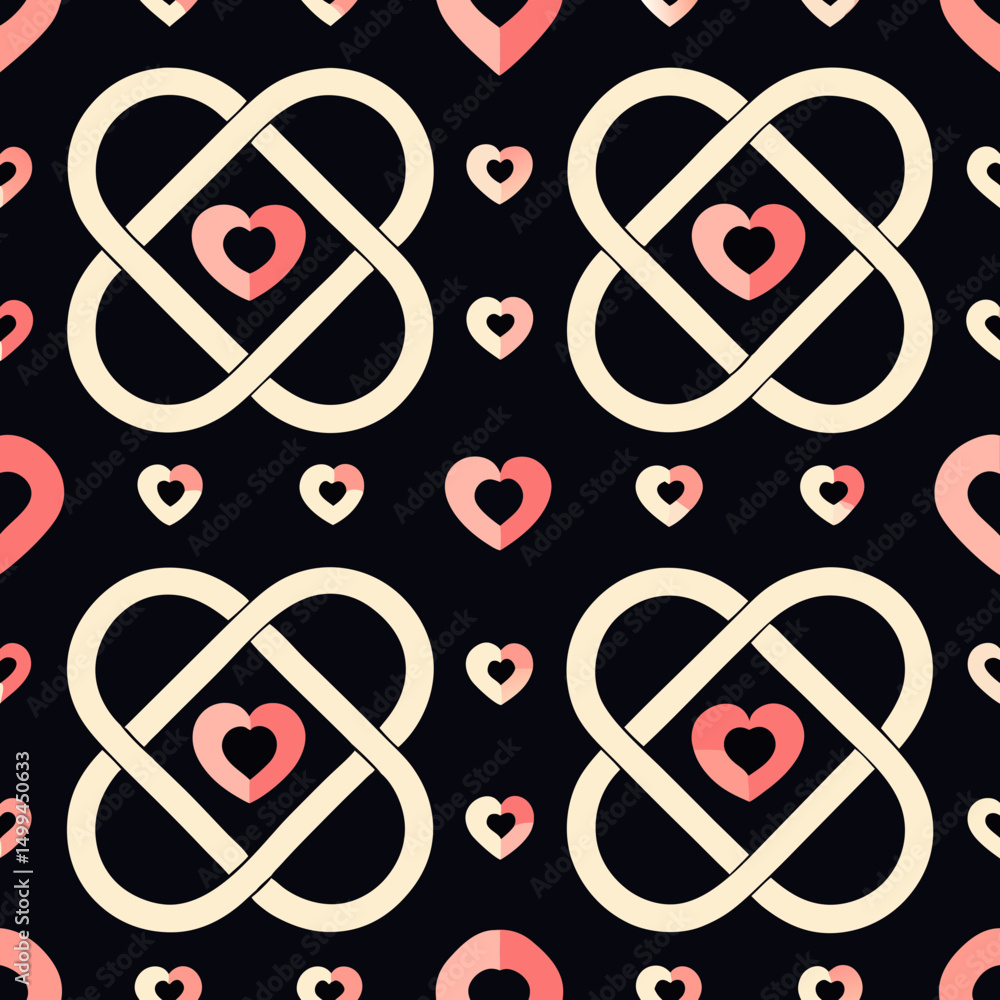 Poster seamless vector pattern with intertwined hearts on a dark background