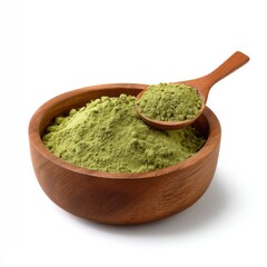 Organic matcha green tea powder in wooden bowl