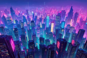 Nocne miasto, futurystyczna architektura, neonowe światła