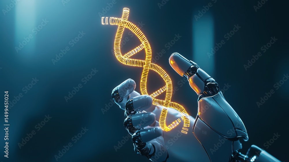 Poster futuristic robotic hand holding illuminated dna helix structure in sci-fi laboratory environment