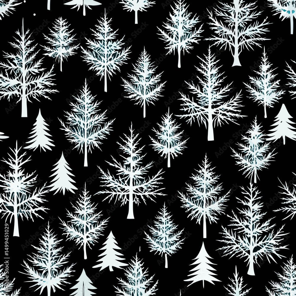 Poster seamless vector pattern of white trees on a black background