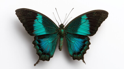 Fototapeta premium A blue and black butterfly sitting on a white background, ideal for use in designs related to nature or wildlife