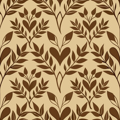 Seamless floral vector pattern with hearts and leaves on beige background  