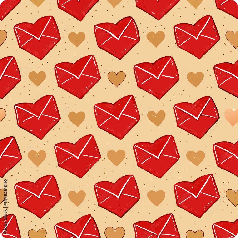 Poster seamless vector pattern of red hearts and envelopes on beige background