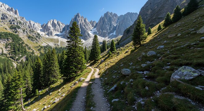 Mountain Path Through Valley with Trees and Rocky Peaks