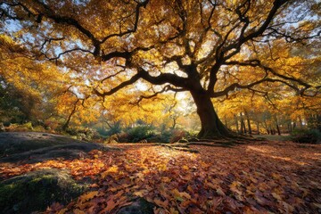 Obraz premium A carpet of yellow and orange leaves around ancient oaks, golden glow and swirling leaf patterns
