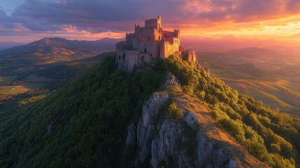 Majestic castle atop a mountain at sunset