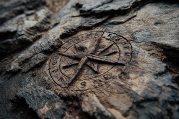 A compass carved into an ancient tree bark