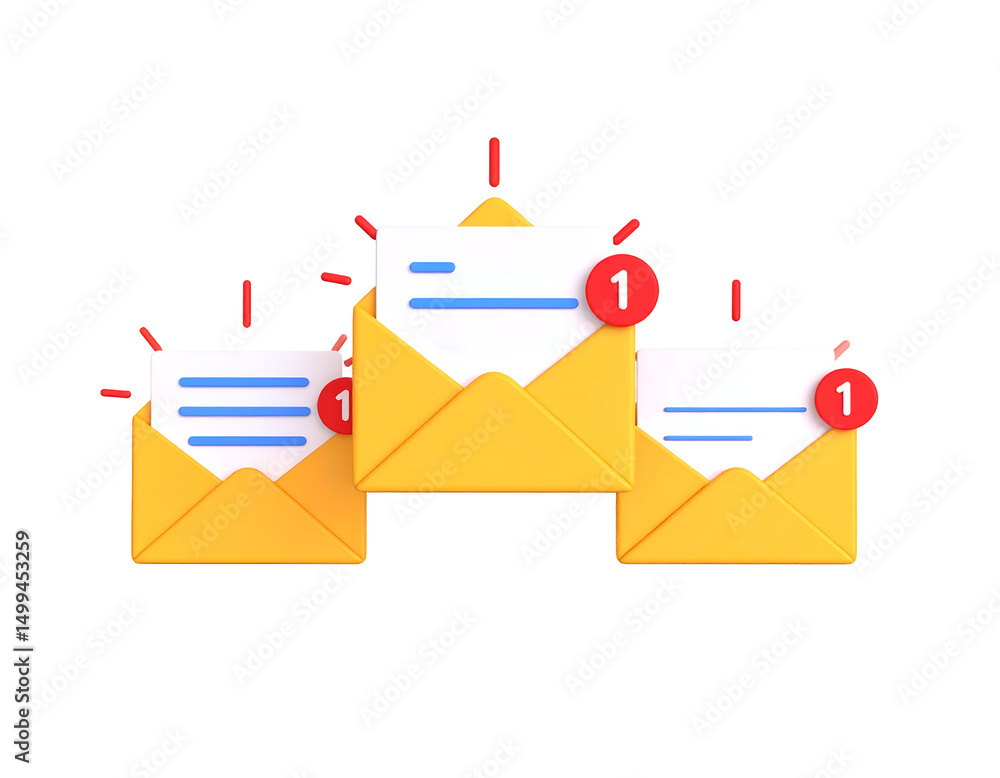 Poster three 3d rendered email icons with unread notification alerts