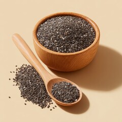 Chia seeds in wooden bowl and spoon
