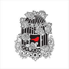 Vector illustration in graphic style of cage with bird in middle in roses and plant ornaments