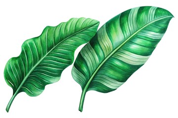 Obraz premium Two detailed green tropical leaves show vibrant textures and unique shapes on white