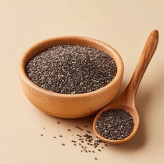 Healthy chia seeds in wooden bowl and spoon