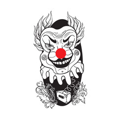Vector illustration in graphic style of scary clown face jumping out of box in floral patterns