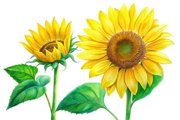Obraz premium Two vibrant watercolor sunflowers elegantly stand side by side on a clean white background