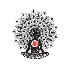 Vector illustration in graphic style of a man in a yoga lotus position with a large mandala of his thoughts in the background