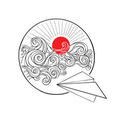 Vector illustration of a paper airplane on a background of sky with clouds and sun