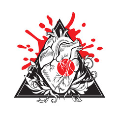 Vector image of anatomical heart with plant ornament as wings in triangle