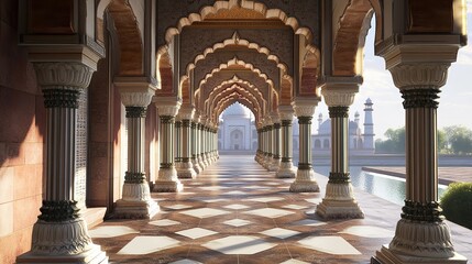 Majestic Indian Palace Architecture Taj Mahal View Columns Corridor 3D Art Asia Warm Grand Stone    