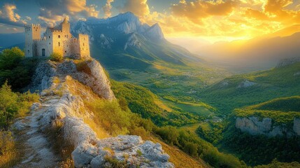 Majestic castle ruins atop a mountain ridge at sunset