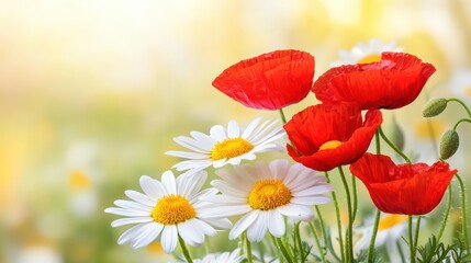 Obraz premium Colorful blooming poppies and daisies in a sunny field with soft focus background