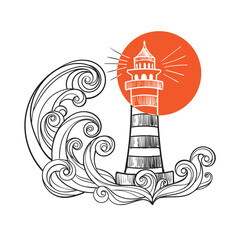 Fantasy illustration of a lighthouse in the sea with waves in a graphic line art style
