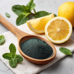 Spirulina powder with lemons and mint leaves