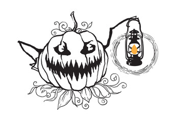 Vector illustration of pumpkin with teeth and glowing lamp in Halloween style