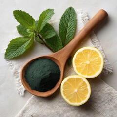 Spirulina powder with lemon and mint leaves