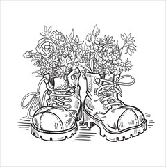 hand drawn illustration of shoes with wild flowers inside