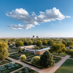 City meets nature in this serene aerial view. A structured garden blends with urban skyline. Ideal for sustainability, community, or landscape design.