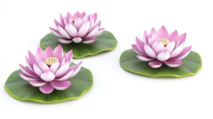 Three Dimensional Lotus Flowers Isolated on White Background. Pure and Elegant Floral Display.