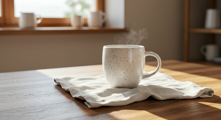 Steaming Mug on Table with Cloth