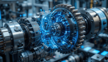 Obraz premium Mechanical gear system with digital integration showcases advanced technology and innovation engineering, highlighting intricate designs