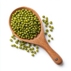 Wooden spoon of mung beans on white background