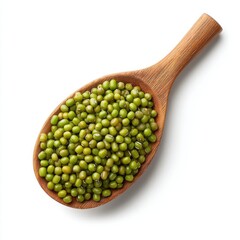 Wooden spoon of raw mung beans isolated