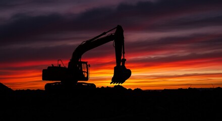 Excavator silhouetted against fiery sunset