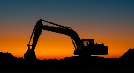 Excavator silhouetted against fiery sunset sky