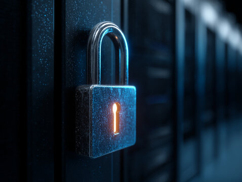 Secure Data Center with Modern Padlock for Enhanced Cybersecurity and IT Infrastructure Protection