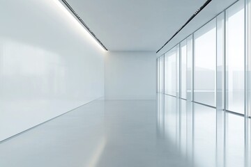 a clean white room with a large stained glass window