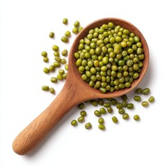 Wooden spoon of mung beans on white background