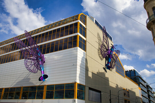 The new project "Butterfly Effect" by renowned artist David Čern&yacute; or Cerny installed on landmark "M&aacute;j or Maj" department store, N&aacute;rodn&iacute; tř&iacute;da. Prague, Czech Republic - 05.23.2024