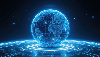Obraz premium Futuristic hologram of digital planet space, showcasing intricate details and glowing elements, evokes sense of advanced technology