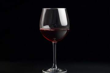 A single wine glass filled with red wine against a stark black background in a studio shot